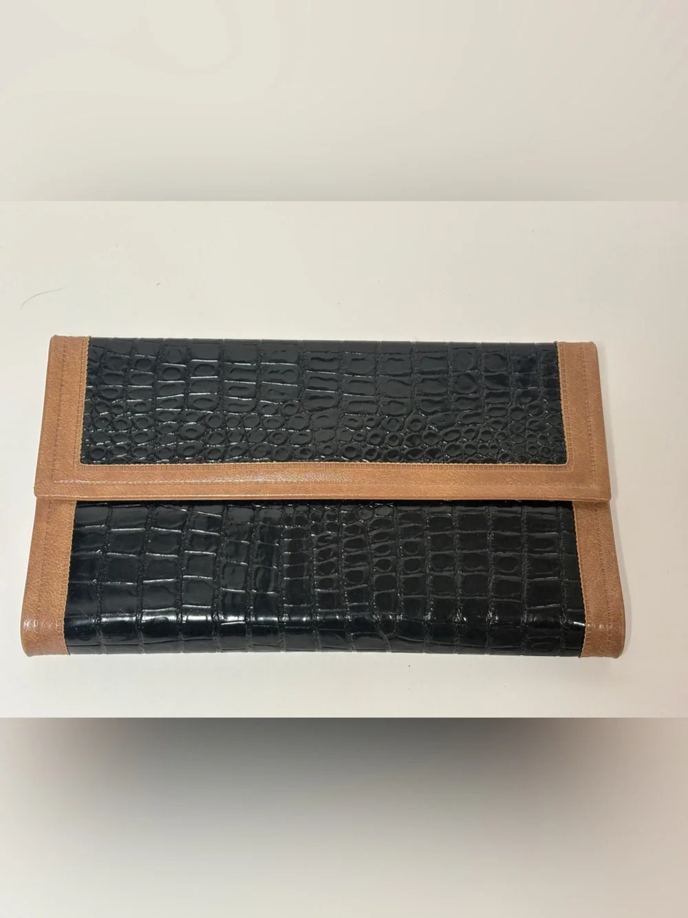Black Crocodile Embossed Leather Checkbook Wallet Brown Trim